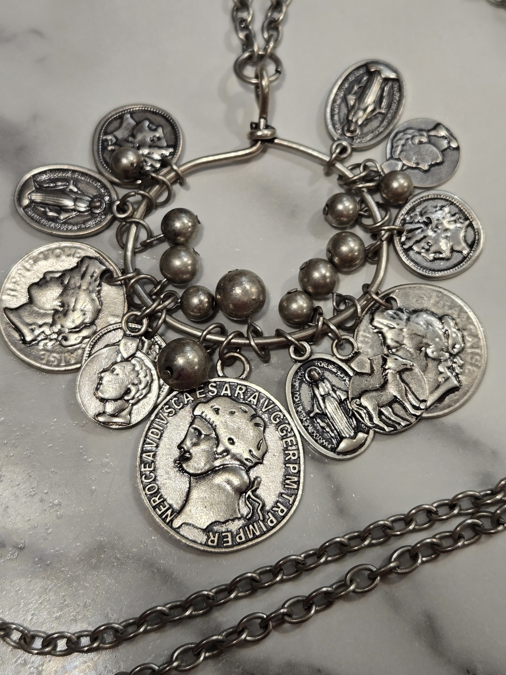 Artisan Silver Coin Charm Cluster Necklace